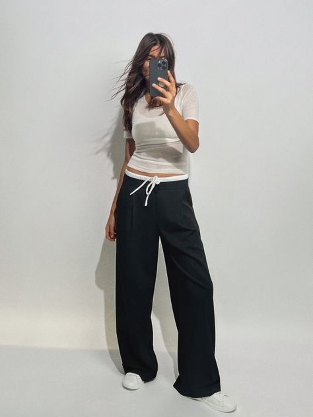 Zara Black Pinstripe Wide-Leg Trousers with Contrast Boxer Waistband - Size XS